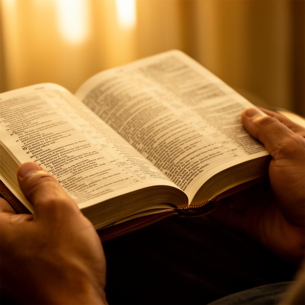 Mãos segurando uma Bíblia aberta com luz quente