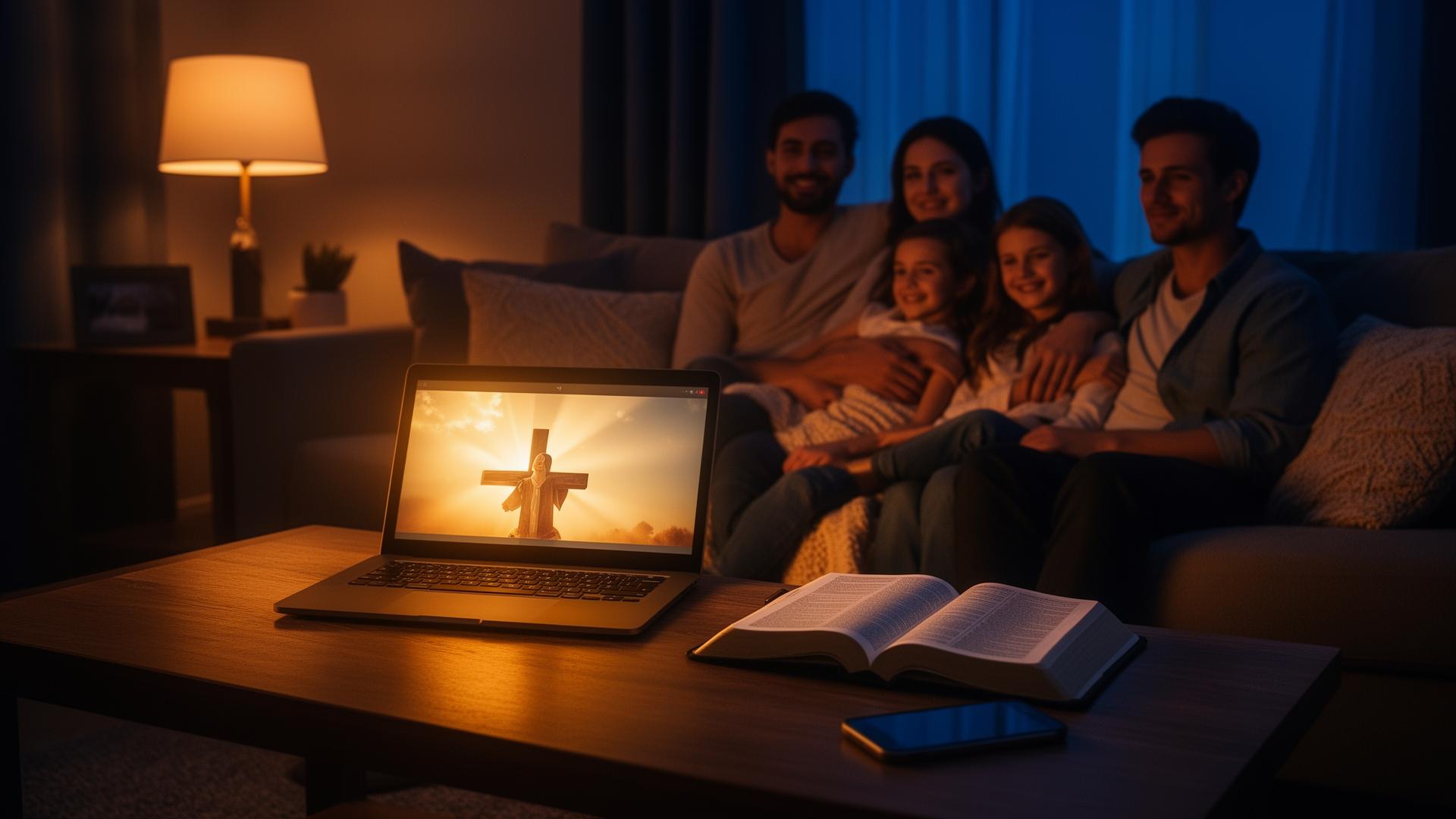 Família em casa acompanhando o culto online da ICeF